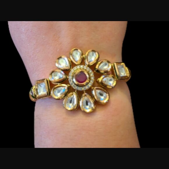 Kudan Gold Plated Ruby And CZ Hinged Bangle Bracelet 6.25" - Picture 1 of 12